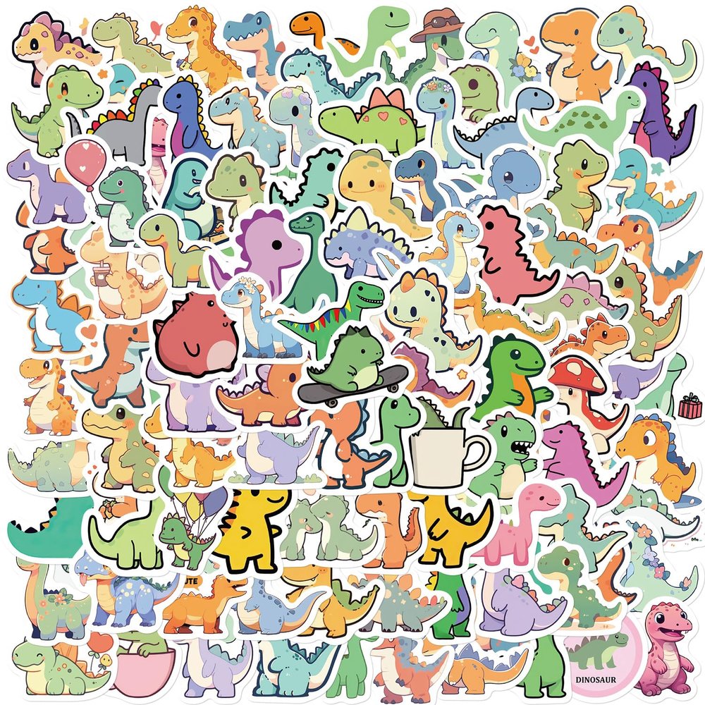 100PCS Cute Dinosaur Small Stickers, Funny Cartoon Animal Aesthetic Decals, Vinyl Waterproof Stickers for Water Bottle, Laptop, Luggage, Phone, for Kids Teen Lovers Party Supplies