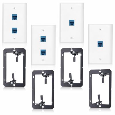 Cat6 Ethernet Wall Plate (2Pcs 1-Port & 2Pcs 2-Port) RJ45 Keystone Jack Blue Coupler Network Cable Cover Outlet Connector with Low Voltage Mounting Bracket