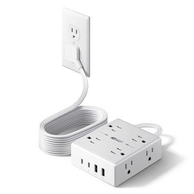10Ft Extension Cord with Multiple Outlets, Flat Plug Surge Protector Power Strip 10 Ft Long Cord, 8 Outlets & 4 USB Ports (2 USB C), Desk Charging Station for Home Office, College Dorm Room Essentials