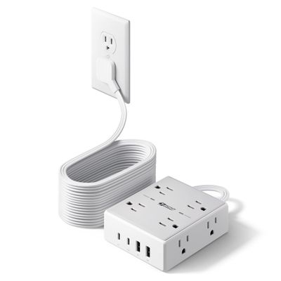 20Ft Long Extension Cord, Flat Plug Power Strip with 8 Outlets & 4 USB Ports (2 USB C), Wall Mountable Surge Protector, Desk Charging Station for Home Office, College Dorm Room Essentials