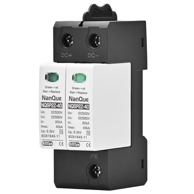 DC SPD Surge Protector for 100V-1000V PV Systems, 2-Pole 40kA T2 Level, Replaceable Module, Solar Panel Lightning Protection, Overvoltage Protection (500V)