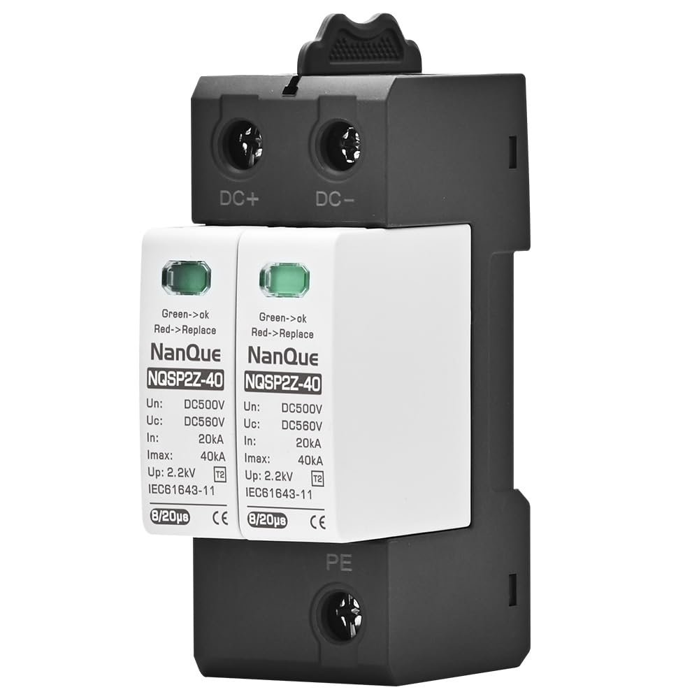 DC SPD Surge Protector for 100V-1000V PV Systems, 2-Pole 40kA T2 Level, Replaceable Module, Solar Panel Lightning Protection, Overvoltage Protection (500V)