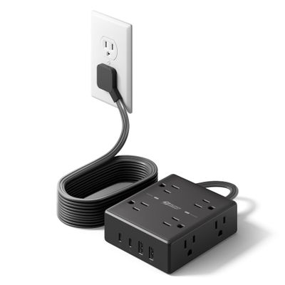 10Ft Extension Cord with Multiple Outlets, Flat Plug Power Strip Surge Protector with 10 Ft Long Cord, 8 Outlet 4 USB Ports (2 USB C), Multi Outlet Wall Plug for Office, College, Dorm Room Essentials