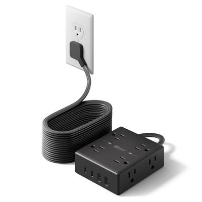 20Ft Long Extension Cord, Flat Plug Power Strip Surge Protector, 8 Outlet 4 USB Ports (2 USB C), Wall Mountable, Desk Charging Station for Home Office, College Dorm Room Essentials (Black)