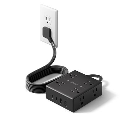 6Ft Extension Cord with Multiple Outlets, Flat Plug Power Strip Surge Protector, 8 Outlet 4 USB Ports (2 USB C), Wall Mountable, Desk Charging Station for Home Office, College Dorm Room Essentials