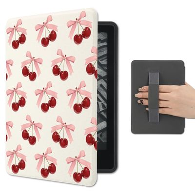 AdorableWhimsy Pink Cherry Bow Case Compatible with Kindle Paperwhite 12th Generation 7 Inch & for Kindle Colorsoft Signature Edition 2024 with Hand Strap PU Leather Folio Cover Auto Sleep/Wake