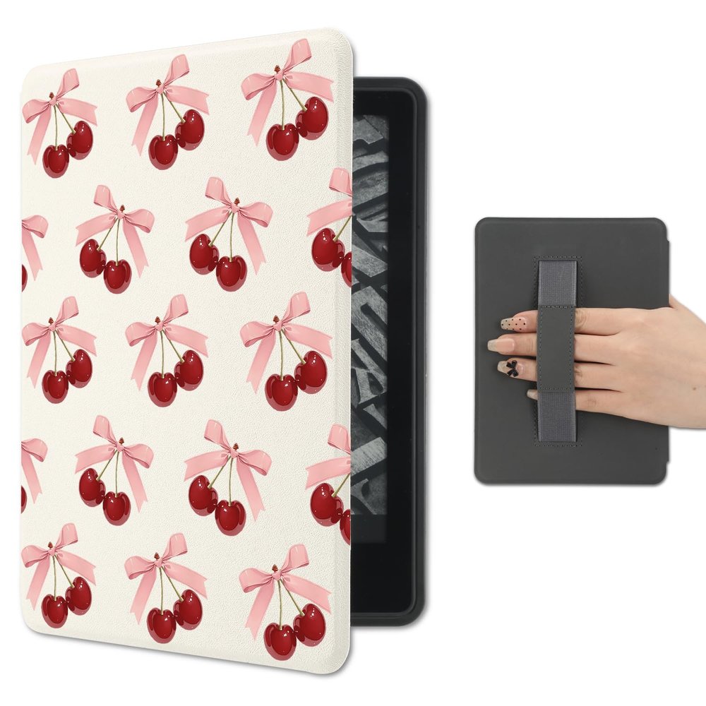 AdorableWhimsy Pink Cherry Bow Case Compatible with Kindle Paperwhite 12th Generation 7 Inch & for Kindle Colorsoft Signature Edition 2024 with Hand Strap PU Leather Folio Cover Auto Sleep/Wake