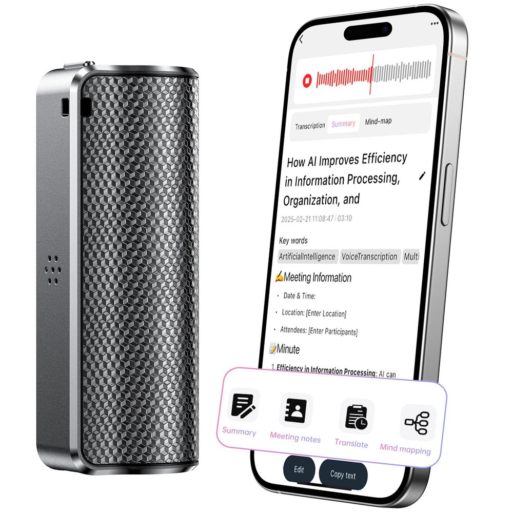 AI Voice Recorder with Real-Time Transcription & Translation, AI Voice Transcriber, Smart Summary, AI-Powered Mind Mapping & Translator for Meetings Notes, Interviews & Lectures, 70+ Languages (64GB)