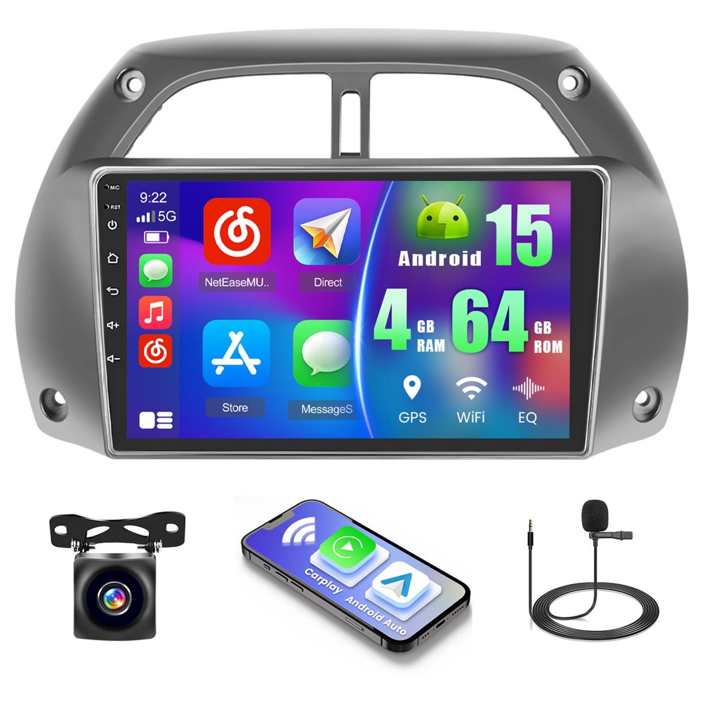 5Ghz WiFi [4G+64G] Android 15 Car Radio for Toyota RAV4 2001-2006 Car Stereo with Wireless Carplay Android Auto, 9 Inch HD Touchscreen with WiFi GPS Bluetooth5.0 FM/RDS 32EQ SWC Backup Camera MIC
