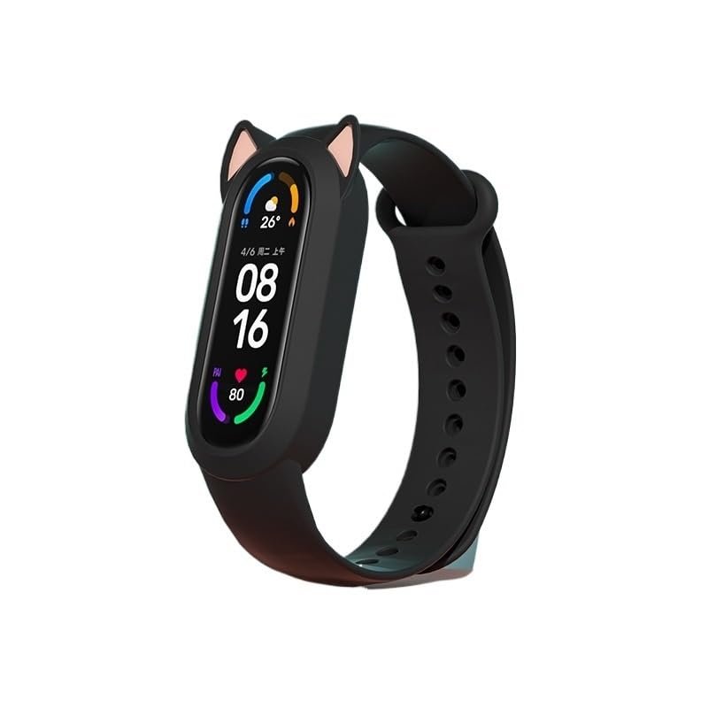 BHOLSA Silicone Case Cat Earmuffs Strap for Xiaomi Series MiBand 8 7 6 5 4 3 Soft and Breathable TPU Material band for Miband Wristband(Black,For Miband 7 6 5 4 3)
