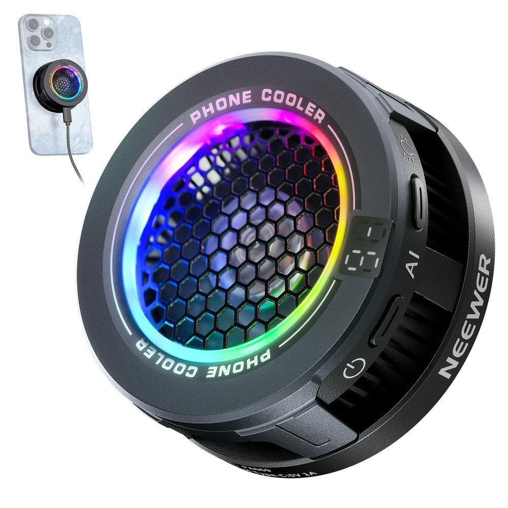 NEEWER Basics Magnetic Phone Cooler, Low Noise USB Cooling Fan with Smart Temp Control, RGB Light, Magnetic Ring & Clip Compatible with iPhone 15 16 Pro Max MagSafe Samsung iPad for Gaming, PA069