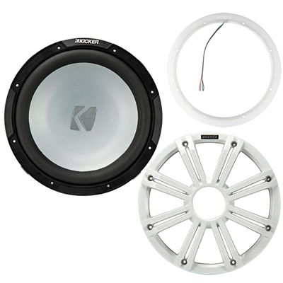 Kicker 45KM124 12 Inch Marine Subwoofer 4 Ohm White Grill with 47KLSR12 Led Lighted Speaker Ring