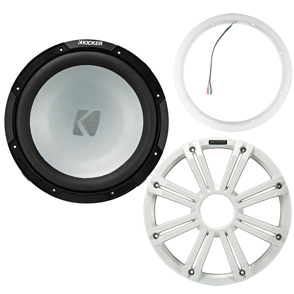 Kicker 45KM124 12 Inch Marine Subwoofer 4 Ohm White Grill with 47KLSR12 Led Lighted Speaker Ring