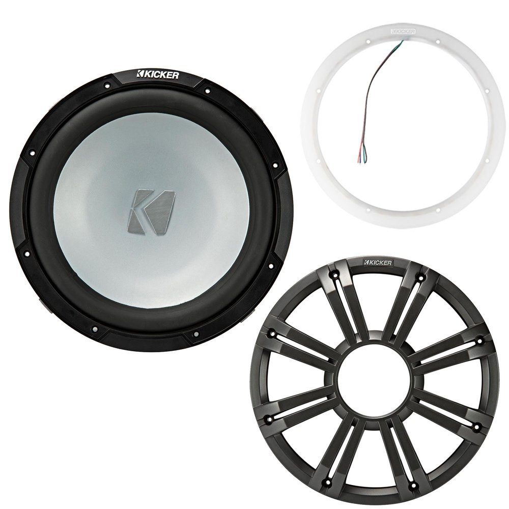 KICKER 45KM122 12 Inch Marine Subwoofer 2 Ohm Charcoal Grill with 47KLSR12 Led Lighted Speaker Ring
