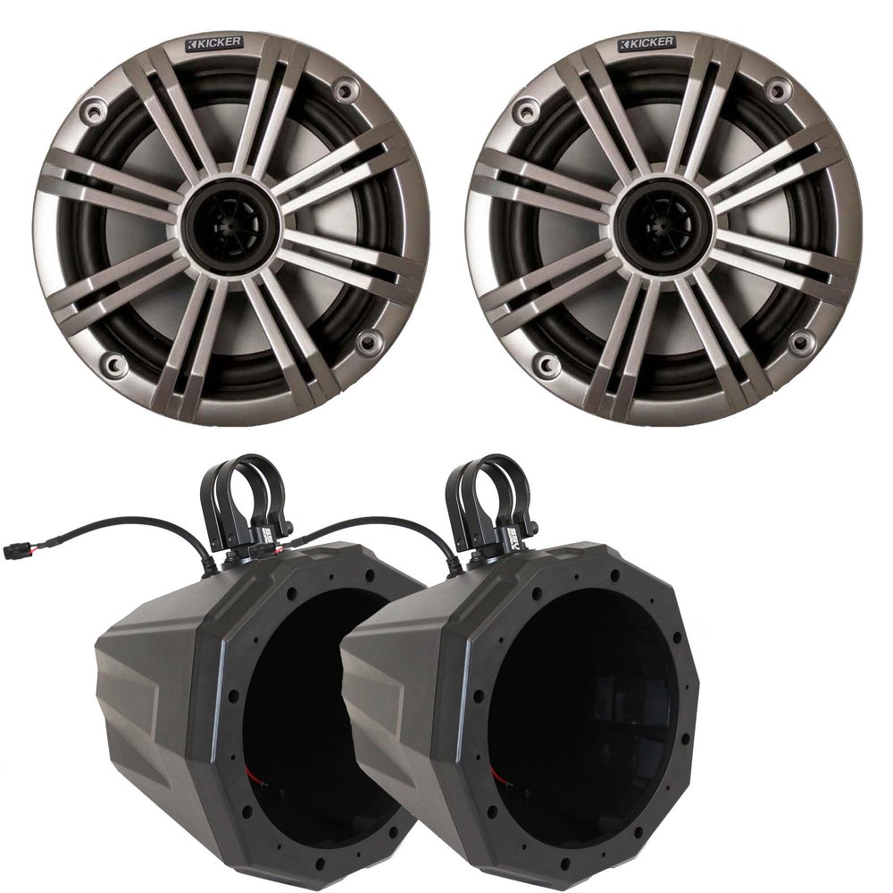 Kicker 8" LED Marine Speakers with Universal Pod Mounts (Pair) 1.75" Clamps UTV or Boat Audio Upgrade for Bimini Top or Cage Mount