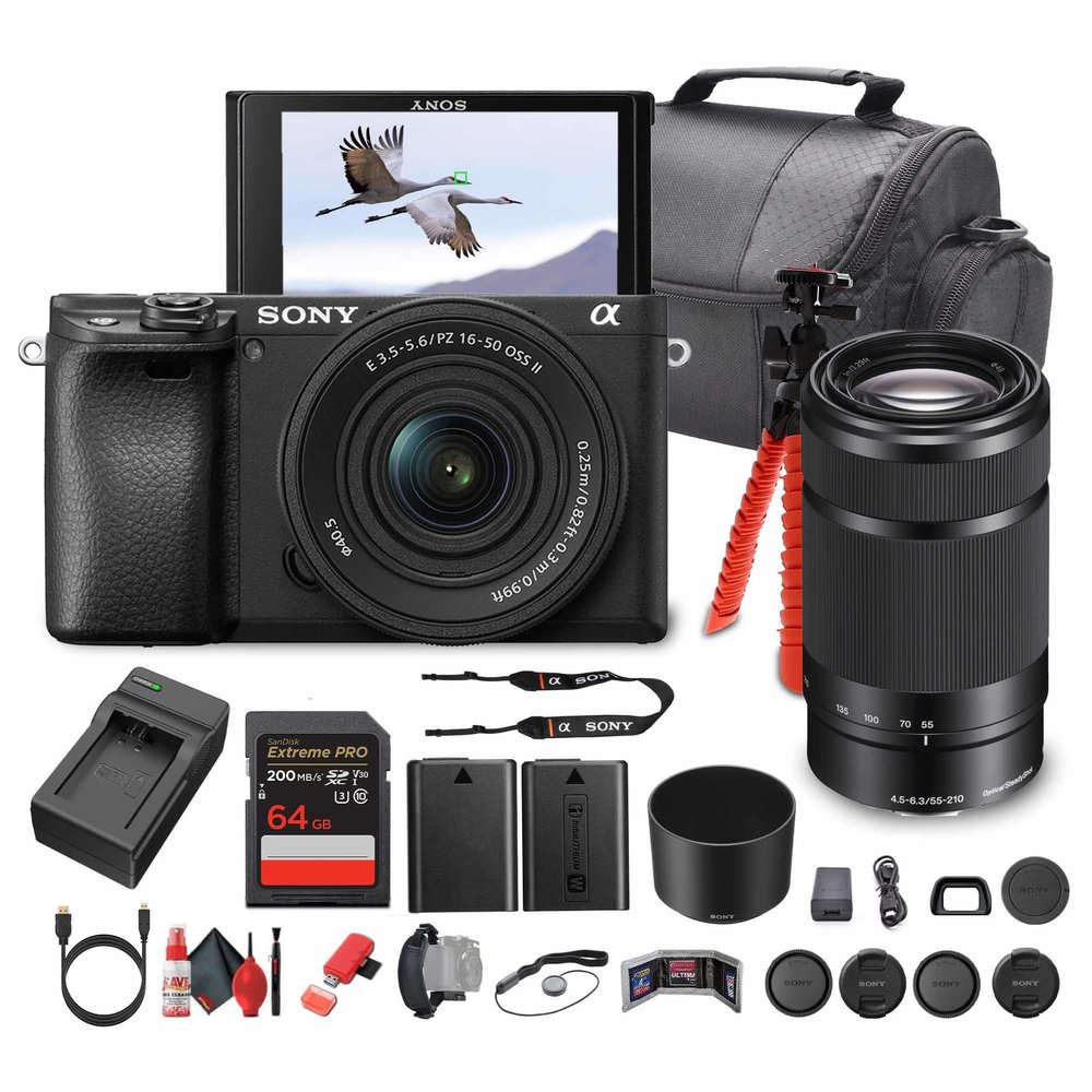 Sony Alpha a6100 Mirrorless Camera with 16-50mm OSS II Lens and 55-210mm Zoom Lenses (ILCE6100XB) + 64GB Memory Card + NP-FW50 + Camera Bag + Charger + Tripod + Cleaning Kit + More
