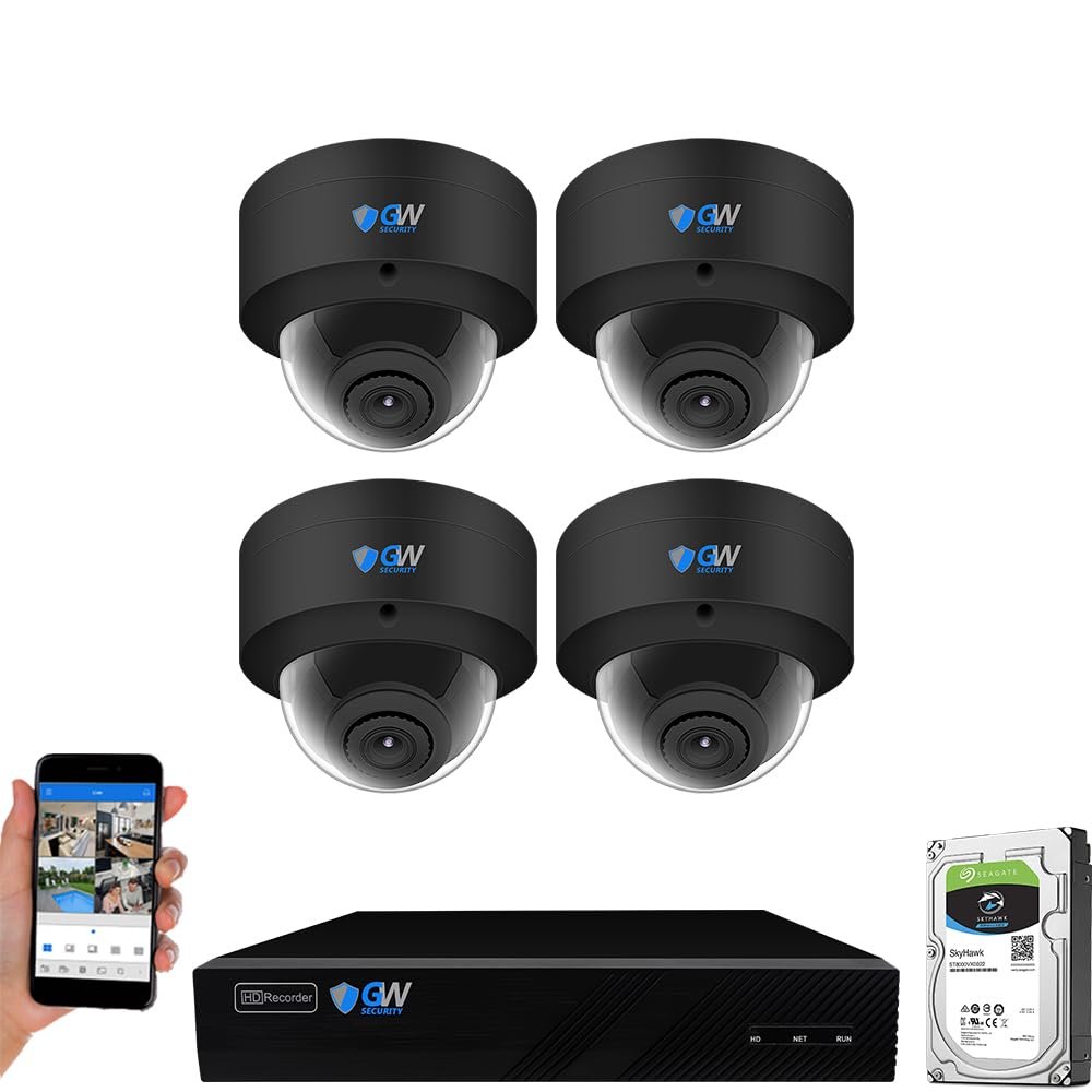 GW Security 8 Channel 12MP NVR UltraHD 4K Face Recognition/Human/Cars Detection PoE Security Camera System with 4 x 8MP Waterproof Microphone 130 Wide Angle Outdoor Indoor Dome Cameras (Black)