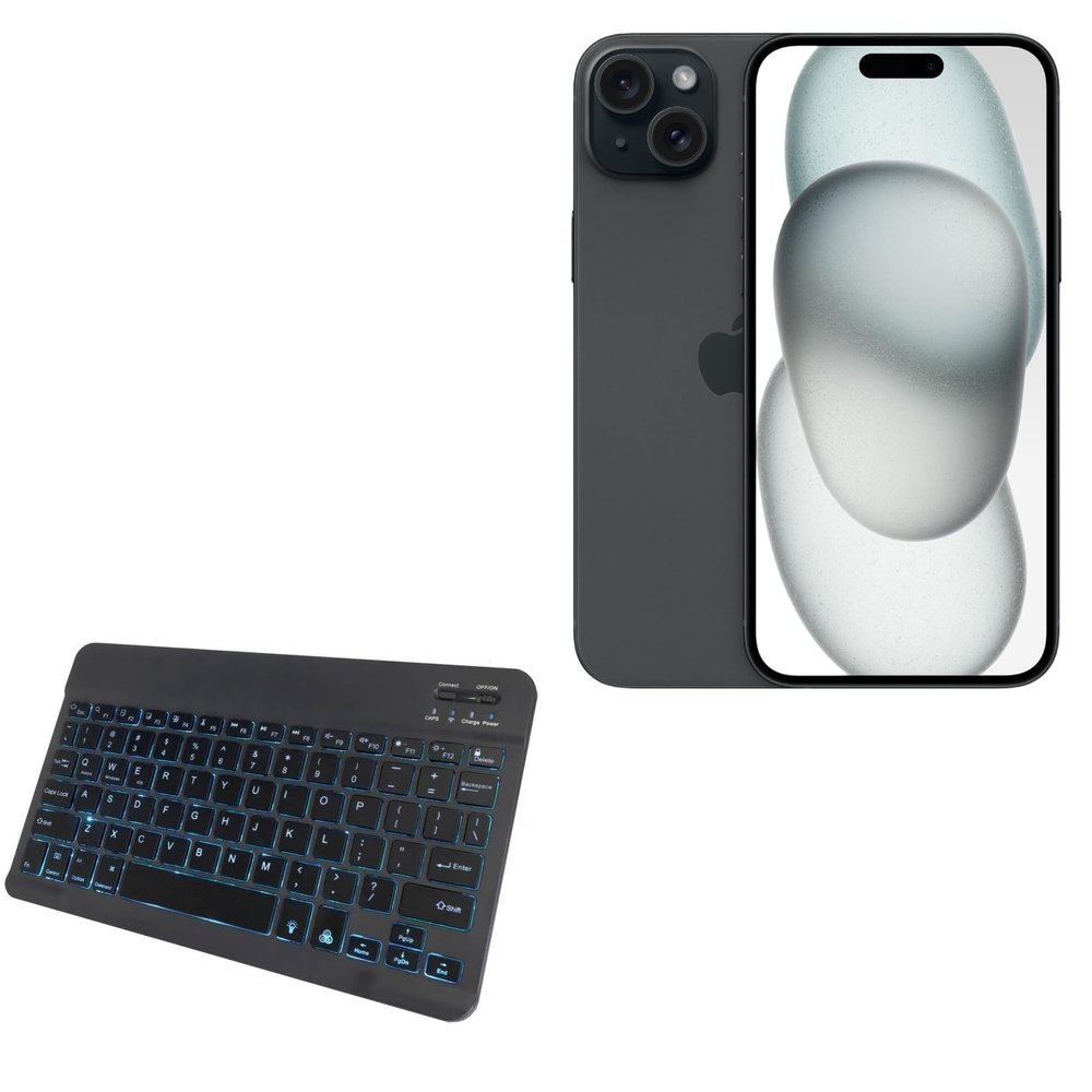 BoxWave Keyboard Compatible with Apple iPhone 15 Plus - SlimKeys Bluetooth Keyboard - with Backlight, Portable Slim LED 7 Colors - Jet Black