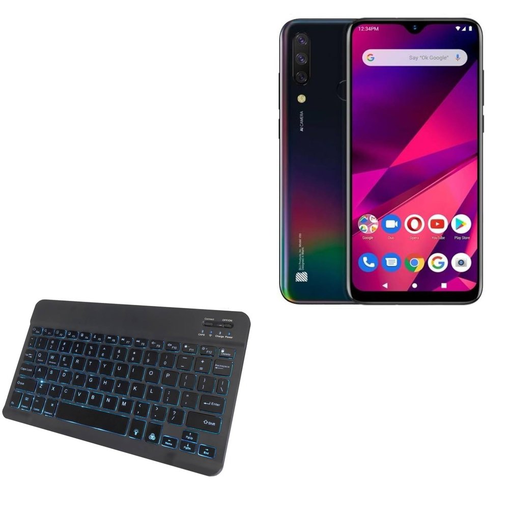 BoxWave Keyboard Compatible with BLU v90 - SlimKeys Bluetooth Keyboard - with Backlight, Portable Slim LED 7 Colors - Jet Black