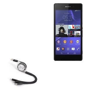 BoxWave Cable Compatible with Sony Xperia Z2 - AllCharge miniSync, Retractable, Portable USB Cable - Jet Black