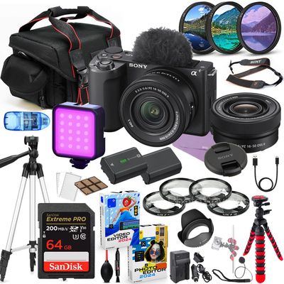 Sony ZV-E10 II Mirrorless Camera with 16-50mm Lens Bundle + Premium Accessory Package Including 64GB Extreme Memory, Case. Filters, Macros, LED Light, Photo-Video Software & More (33 Pieces) (Renewed)