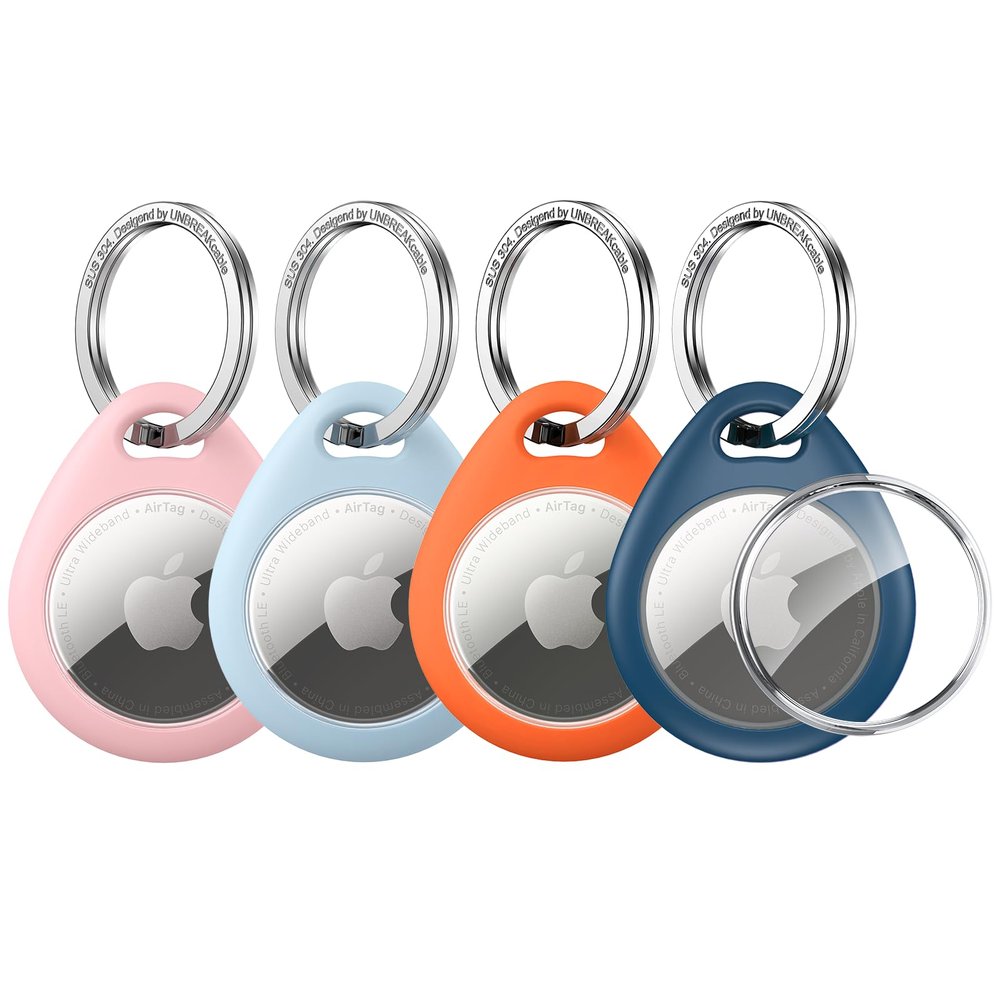 UNBREAKcable Holder for Apple AirTag - 4 Pack [Fit Tightly Design] [Easy to Install] [Hold Air Tag Securely] Waterproof TPU Shell Protective Case with All Metal Keychain Key Ring Clip