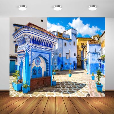Loccor 12x10ft Fabric Morocco Blue City Backdrop Chefchaouen Square Traditional Moroccan Blue Houses Photography Background for Moroccan Theme Party Decorations Photo Studio Props