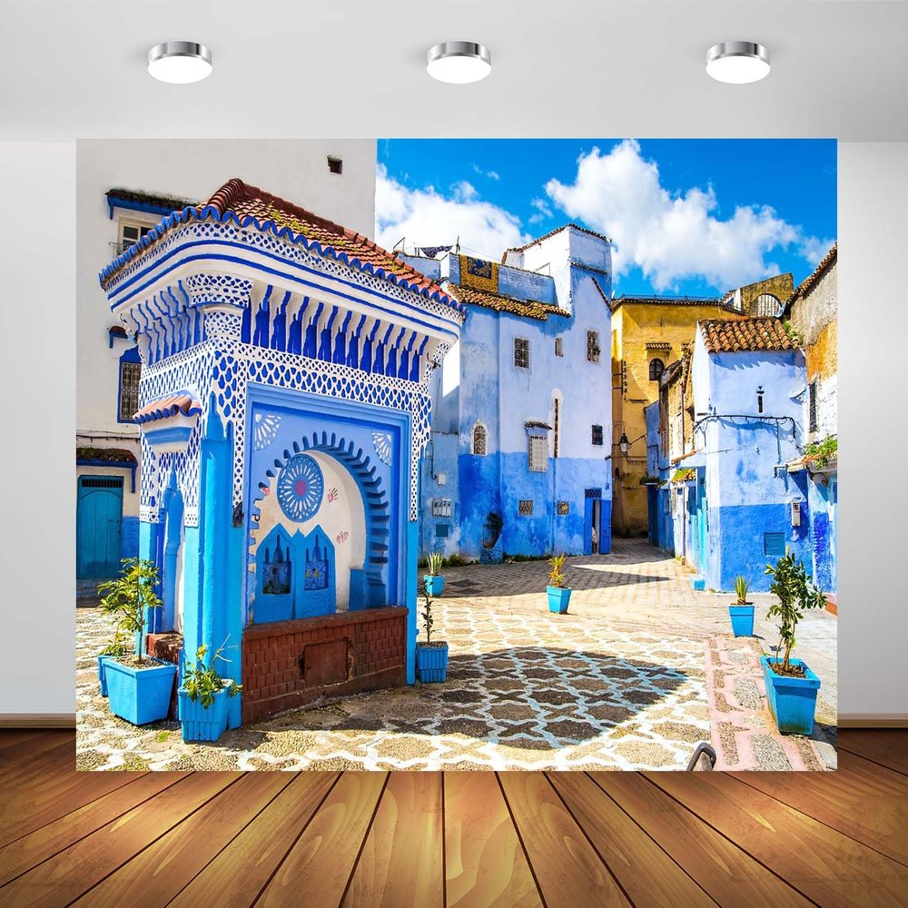 Loccor 12x10ft Fabric Morocco Blue City Backdrop Chefchaouen Square Traditional Moroccan Blue Houses Photography Background for Moroccan Theme Party Decorations Photo Studio Props