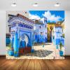 Loccor 12x10ft Fabric Morocco Blue City Backdrop Chefchaouen Square Traditional Moroccan Blue Houses Photography Background for Moroccan Theme Party Decorations Photo Studio Props view 1