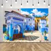 Loccor 12x10ft Fabric Morocco Blue City Backdrop Chefchaouen Square Traditional Moroccan Blue Houses Photography Background for Moroccan Theme Party Decorations Photo Studio Props view 2