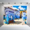 Loccor 12x10ft Fabric Morocco Blue City Backdrop Chefchaouen Square Traditional Moroccan Blue Houses Photography Background for Moroccan Theme Party Decorations Photo Studio Props view 4