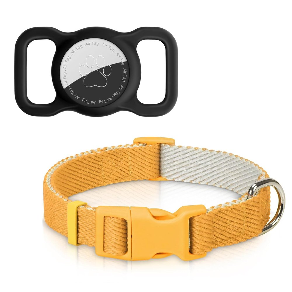 Dynmeow AirTag Dog Collar Holder, M, Black & Soft Cotton Pet Collar Bundle, S, 3/4" Wide, Yellow