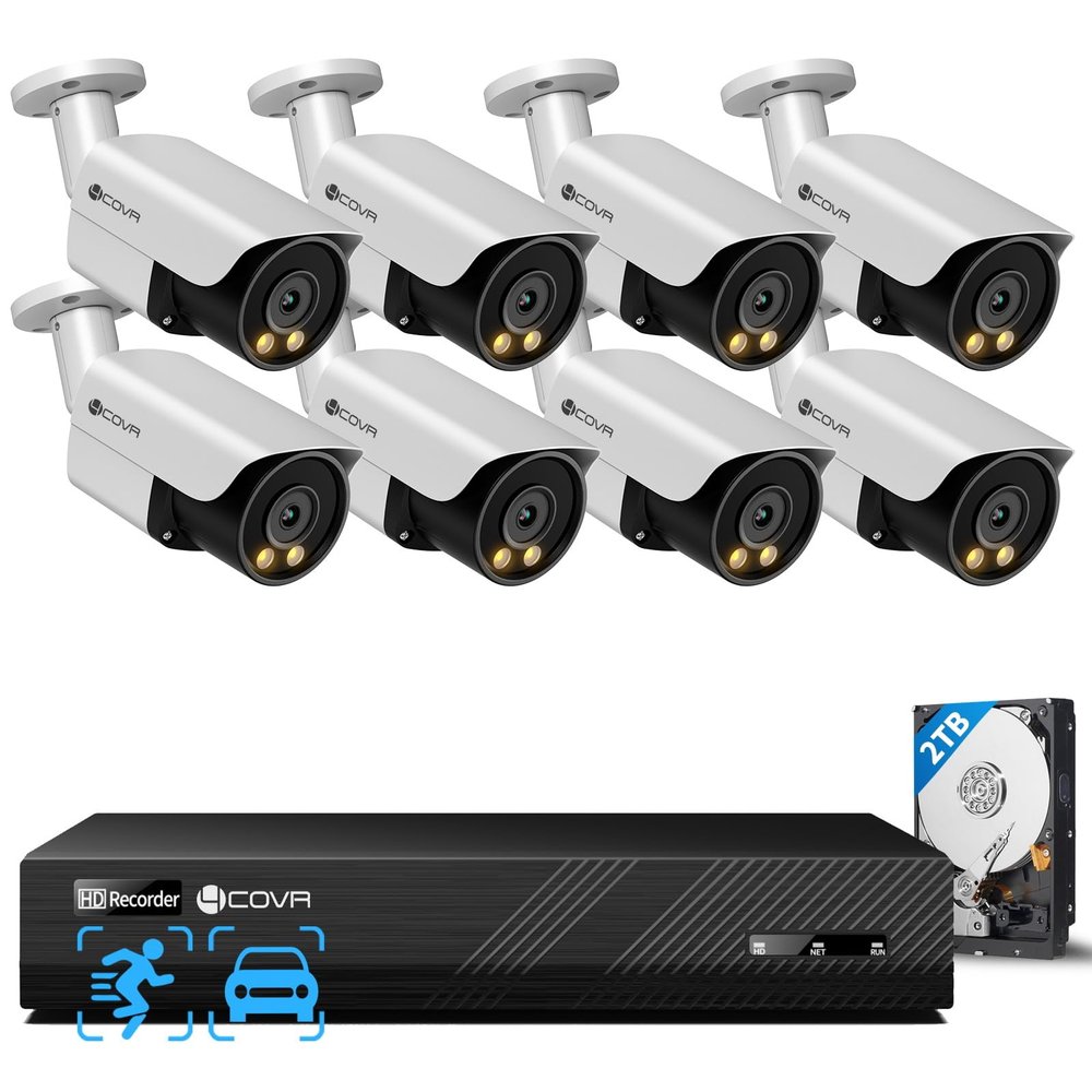 4COVR 4K PoE Security Camera System 8CH, 2-Way Audio & Smart Color Night Vision, 8X 8MP PoE IP Bullet Cameras, AI Human/Vehicle Detection, IP67 Weatherproof, 2TB NVR, 24/7 Recording, LY37YX8M0808-1