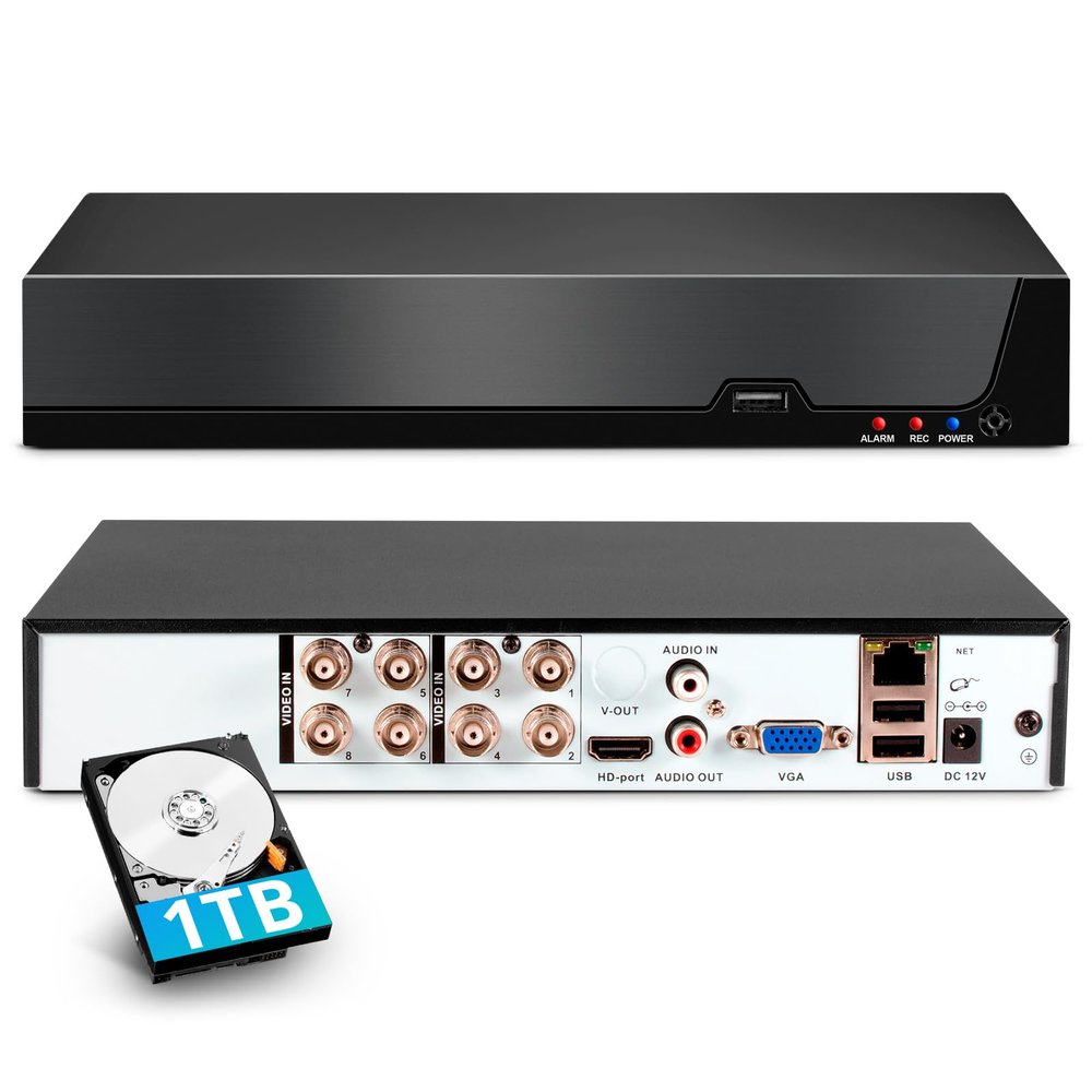 8 Channel DVR for Security Camera with 1TB Hard Drive, 8CH DVR Supports 5MP/4MP/1080P AHD/TVI/CVI/CVBS/IP Cameras, 24/7 Surveillance Recording,Human Detection,Remote Access