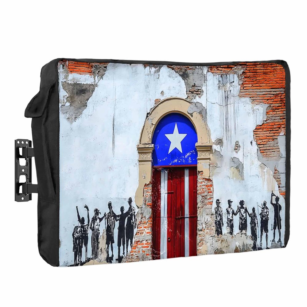 4th of July Outdoor TV Cover 65 Inch Puerto Rico Flag TV Enclosure Independence Day Retro Wall Door Star Stripes TV Covers for Outside Holiday TV Display Screen Protector with Remote Control Pocket