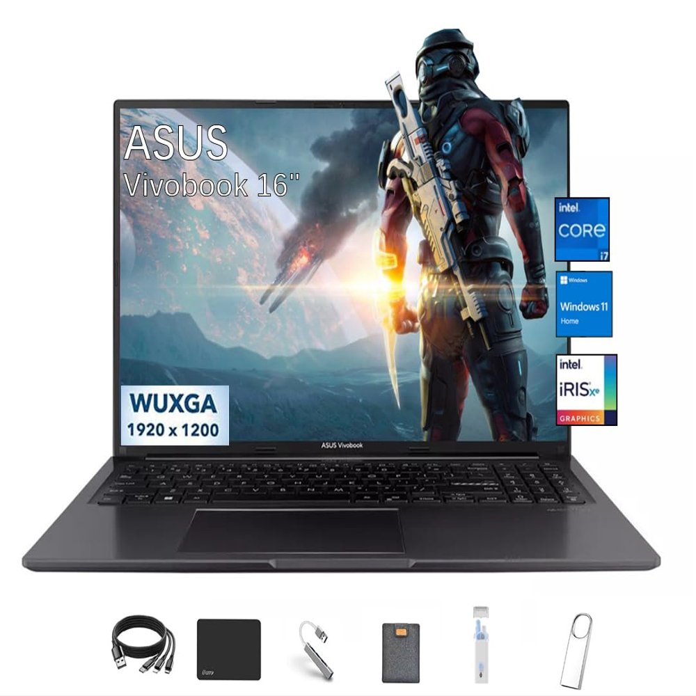 ASUS Vivobook 16" WUXGA Lightweight Laptop, 1920 x 1200 IPS Display, Intel Core i7-1355U(10-Core, up to 5GHz), Iris Xe Graphics, 40GB RAM, 2TB SSD, Windows 11 Pro, with 5ave 6-in-1 Accessory Kit