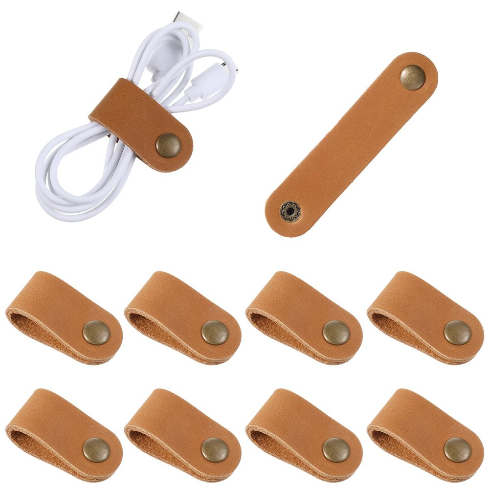 10PCS Reusable Cable Straps Leather Cord Organizer Clips Wire Ties Earphone USB Holder Travel Organizer Multipurpose Winders Holder Keeper Charging Power Cord USB Holder Snap Closure