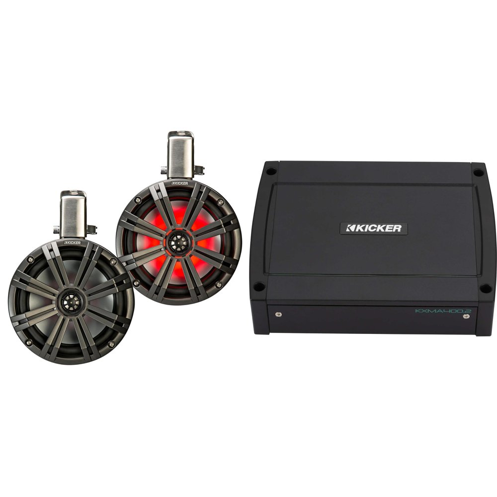 Kicker KMTC8 8" Black Loaded Marine Wake Tower Enclosures & 400 Watt Marine Amp with Tube-clamp mounting