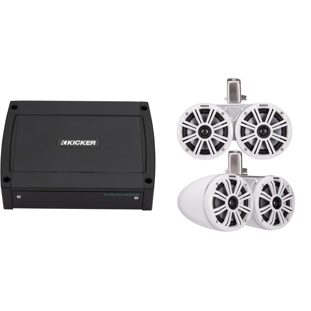 Kicker 45KMTDC65W Dual 6.5" White Coaxial Tower System & 400 Watt Marine Amp with Tube-clamp mounting