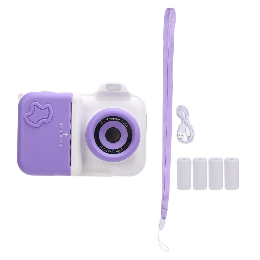 Print Camera with Flash, 32GB Memory Card 2.4inch Screen 1MP Front and Rear Cameras, Thermal Printing Technology (Lightpurple White)