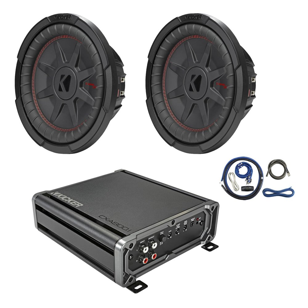 Kicker CXA800.1 800 Watt Class D Mono Car Audio Amplifier with Wiring Install Kit, 10" 800 Watt Peak Power DVC 2-Ohm Ultra-Thin Car Audio Subwoofer
