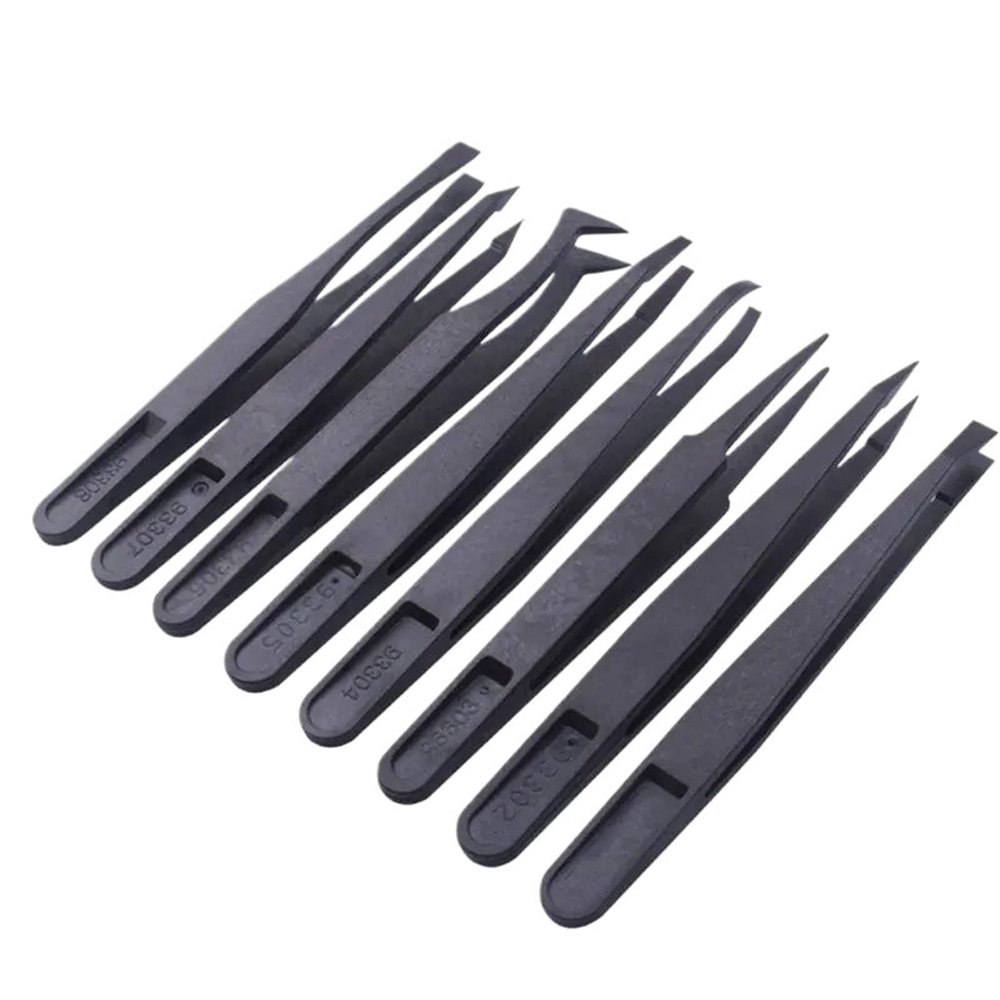 8Pcs Precision Plastic Tweezers Anti Static Black Carbon Fiber DIY Repair Nippers Kit For Electronics Phones Repairing