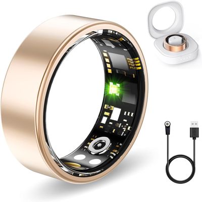 FKGZJF Health Rings for Women Men, Smart Ring with Heart Rate,Blood Oxygen, Blood Pressure, Sleep Tracker, Step Tracker, No Subscription Fee, Waterproof Smart Ring for iPhone & Android (Gold, 7#)
