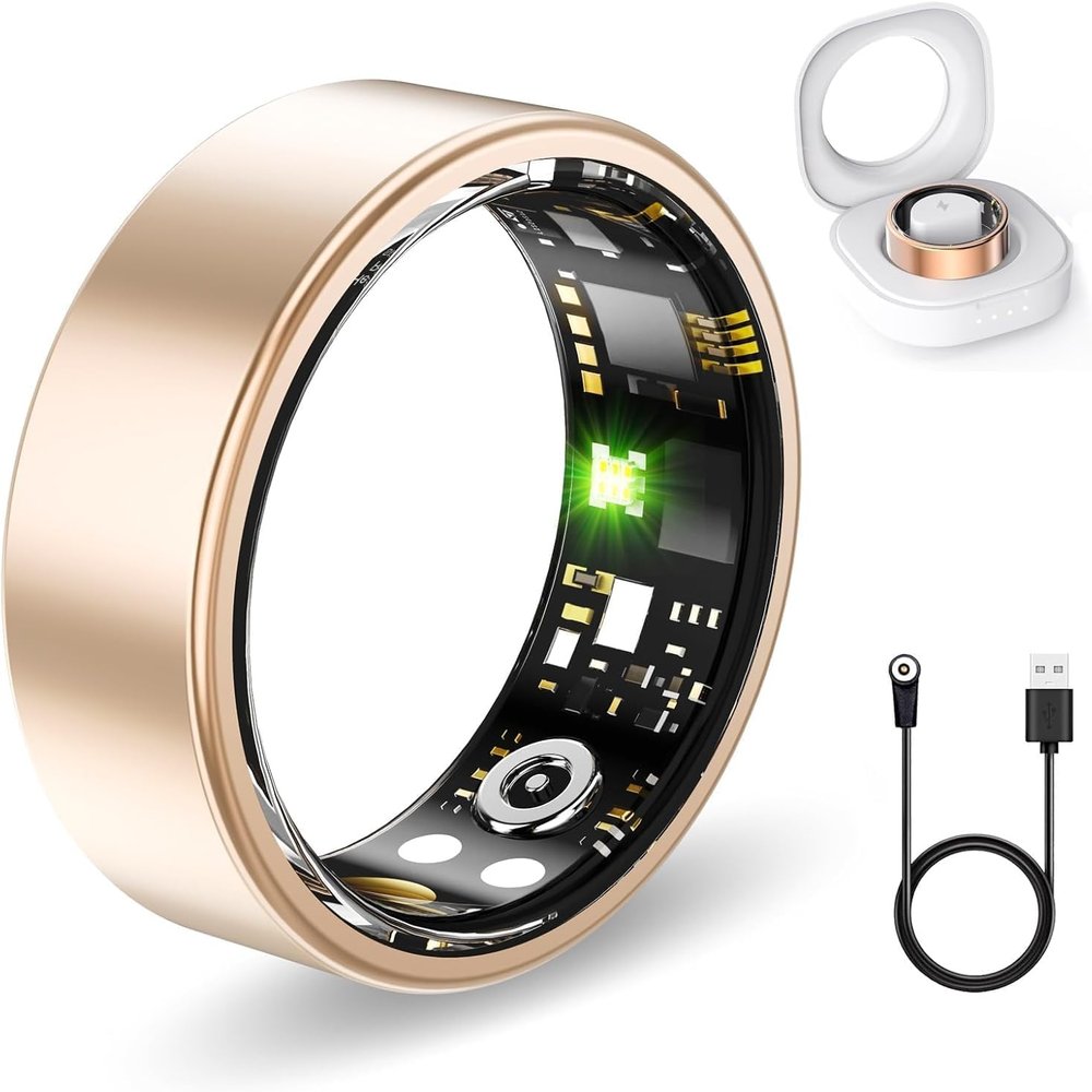 FKGZJF Health Rings for Women Men, Smart Ring with Heart Rate,Blood Oxygen, Blood Pressure, Sleep Tracker, Step Tracker, No Subscription Fee, Waterproof Smart Ring for iPhone & Android (Gold, 7#)