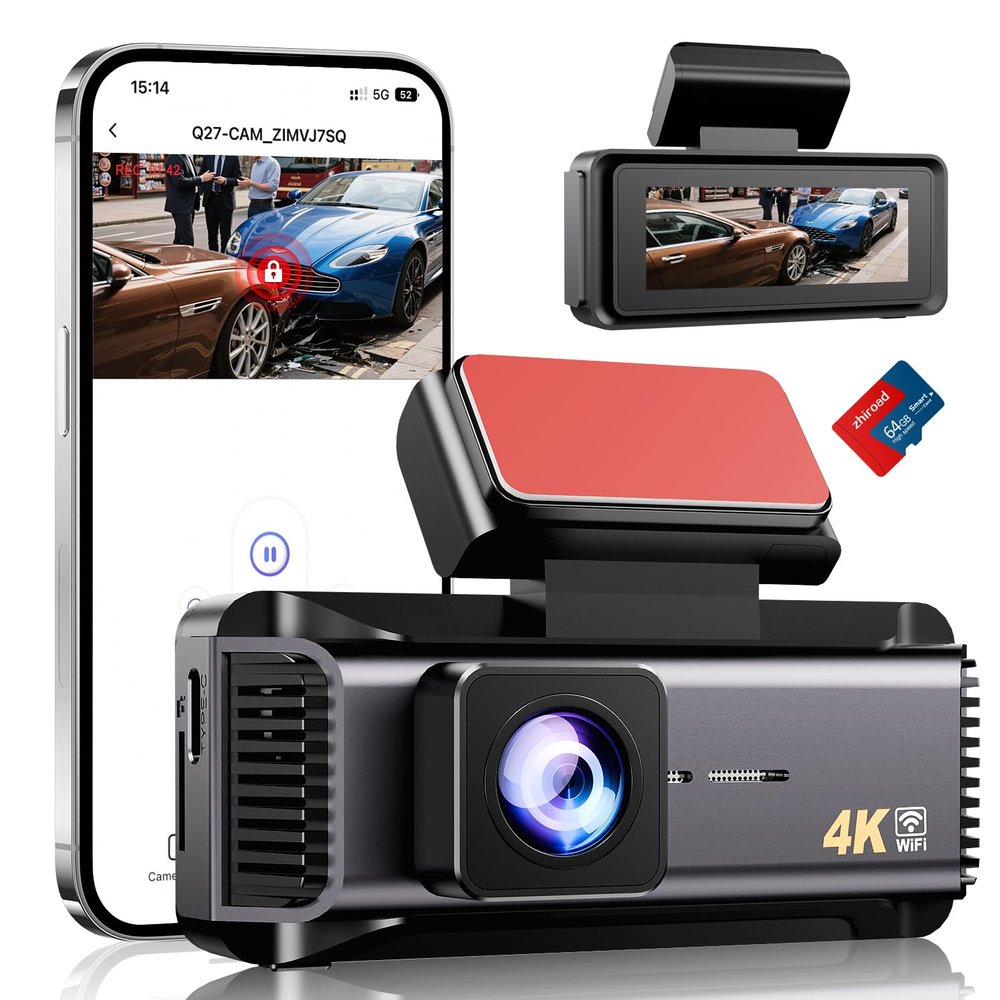 4K Dash Cam Front, Dash Camera for Cars 5Ghz WiFi/APP Control, 64GB Card Included, 2.99'' IPS Screen, 2160P Car Dashcam, Night Vision, 24H Parking Monitor, Loop Recording, G-Sensor, Max Support 256GB