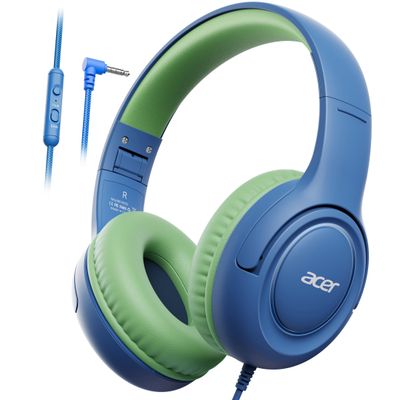 Kids Headphones Wired for School - Over-Ear 85/94dB Volume Limiter, 3.5mm Jack Foldable Stereo Sound Headset for Toddlers Girls Boys Travel Learning Entertainment Tablet Kindle iPad PC Blue Green