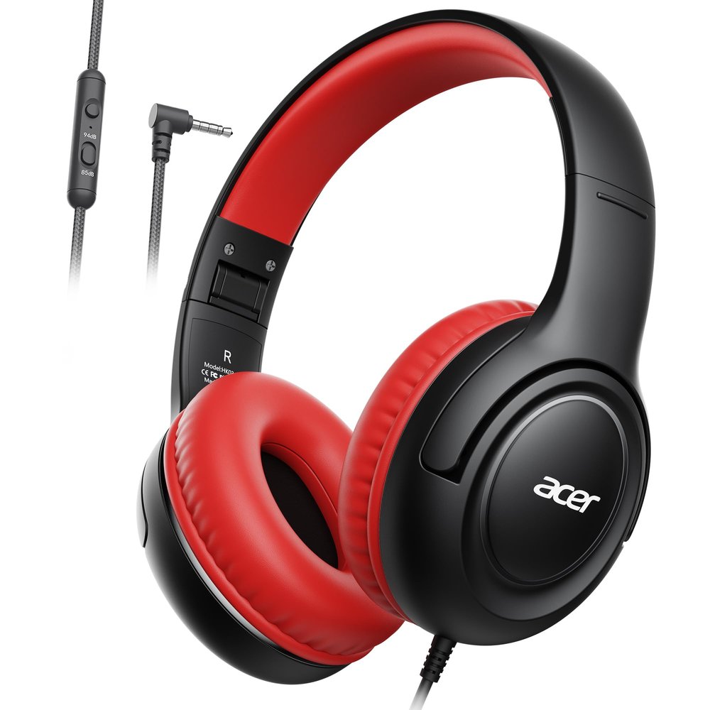 acer Kids Headphones Wired for School - Over-Ear 85/94dB Volume Limiter, 3.5mm Jack Foldable Stereo Sound Headset for Toddlers Girls Boys Travel Learning Entertainment Tablet Kindle iPad PC Black Red