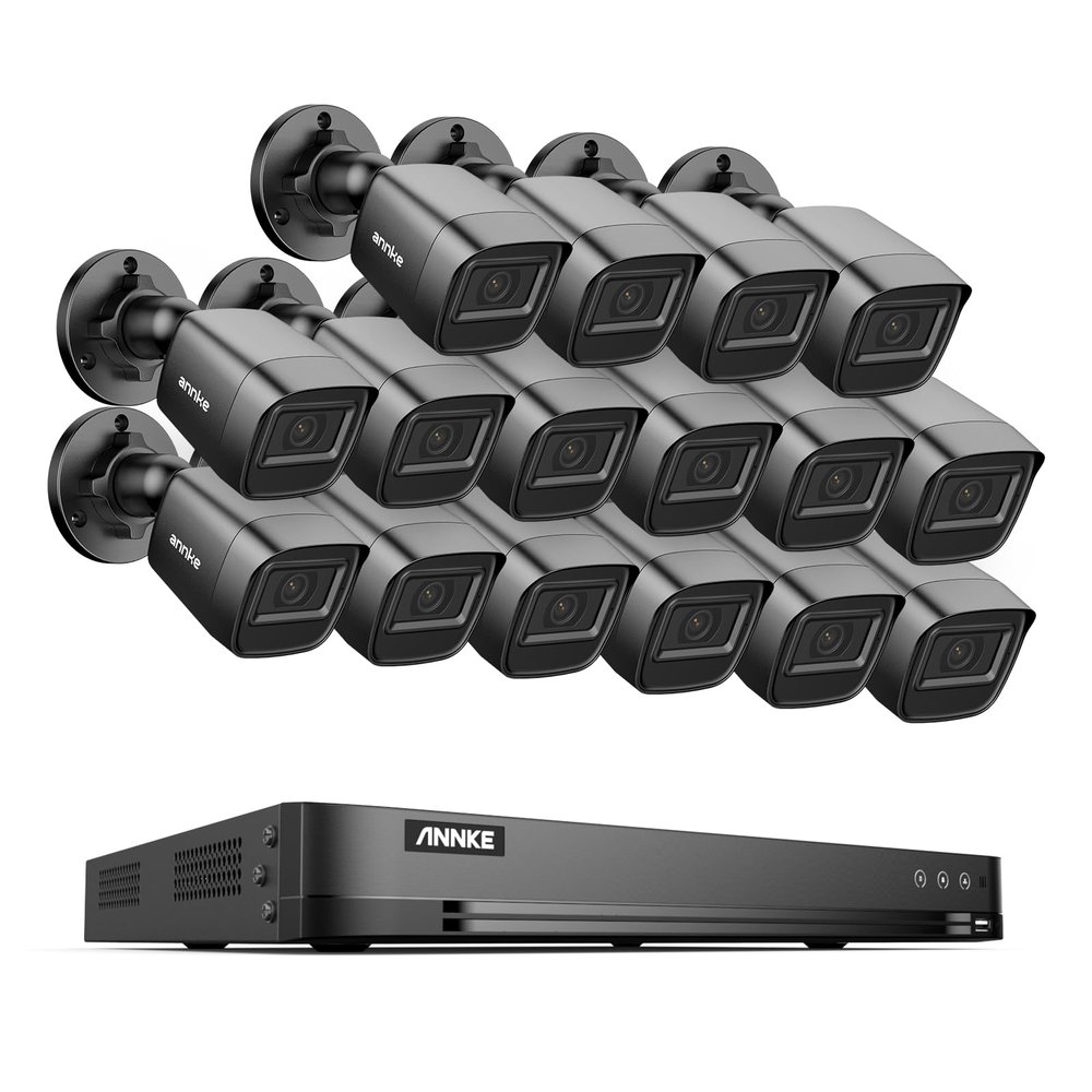 ANNKE 1080P Security Camera System, 16CH 4K DVR Recorder with AI Human/Vehicle Detection, 16X 2MP Bullet Wired Add-on Black Cams with 66ft Night Vision, IP67, Compatible with Alexa NO HDD Included