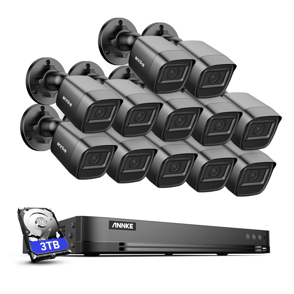 ANNKE 1080P Security Camera System, 16CH 4K DVR Recorder with AI Human/Vehicle Detection, 12X 2MP Bullet Wired Add-on Black Cams with 66ft Night Vision, IP67, Compatible with Alexa 3TB HDD Included