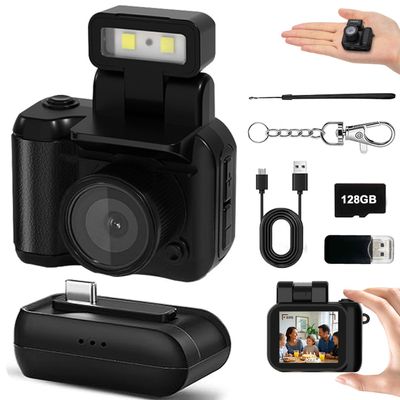 Mini Retro Video Camera Digital, Mini Keychain Camera with Sd Card, Portable Tiny Nostalgic Digital Camera, 1080p Hd with Led Flash Light (Black 128GB)